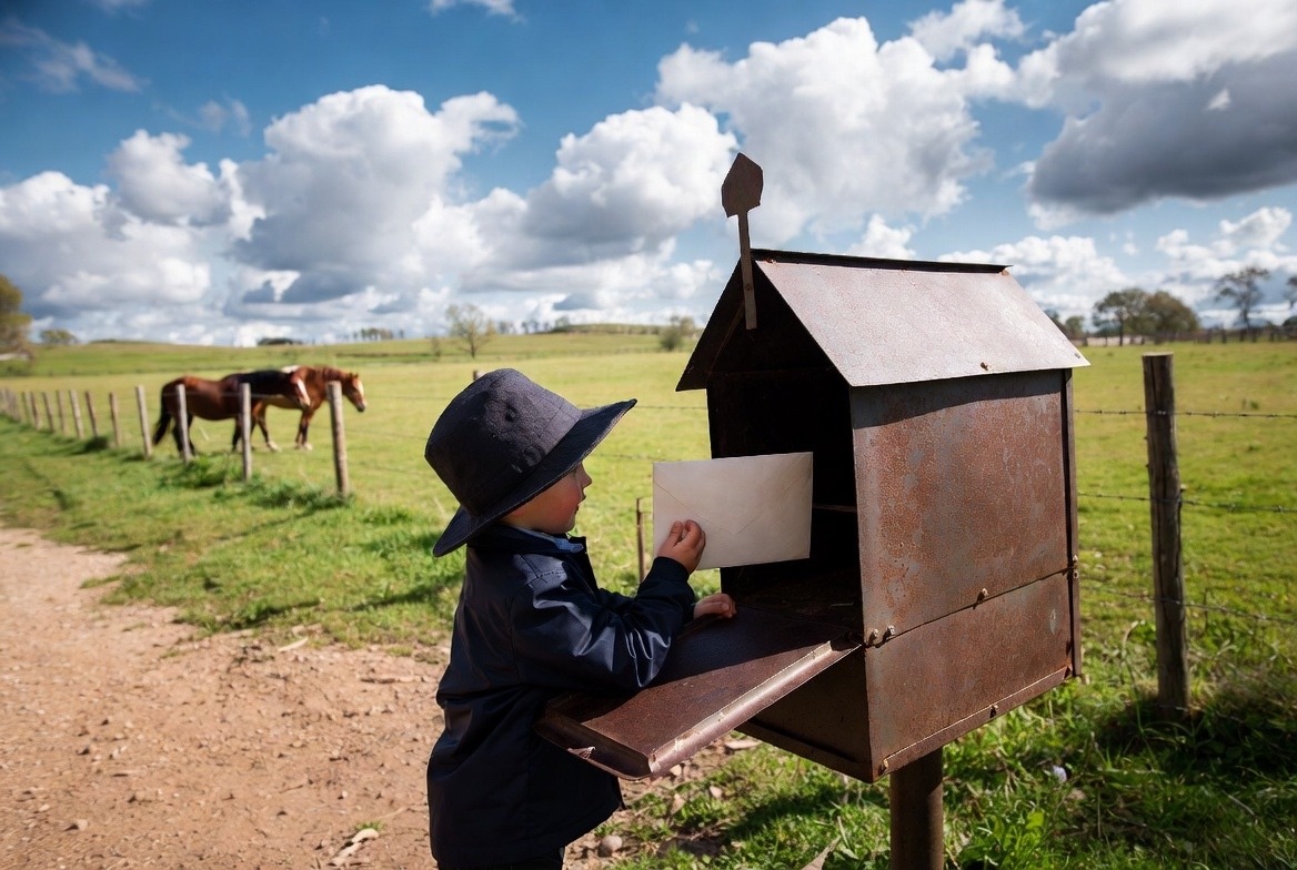 Child mailing a letter with horses in the background