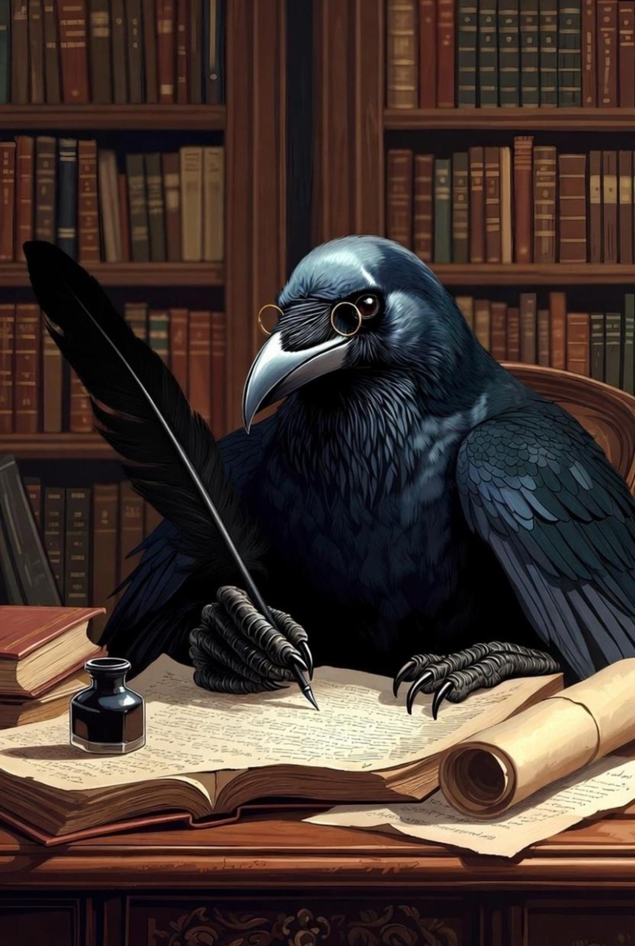 A raven using a black quill to write on a parchment scroll